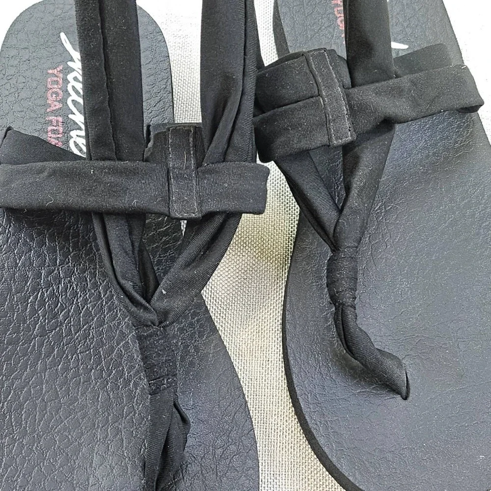 Skechers Bobs Knotted Fabric Ankle Strap Sandals‎ Black Yoga Foam Comfort Womens